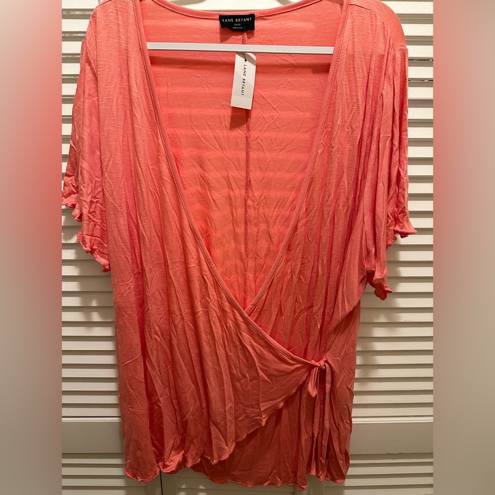 Lane Bryant 26/28 Strawberry Ice Flutter Sleeve V-Neck Wrap Knit Top